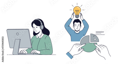 Team collaboration sparking business ideas, analyzing data charts, woman in headset working at computer, man holding lightbulb, conceptual teamwork