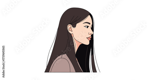 Elegant young woman with long dark hair in profile, a versatile illustration for beauty, fashion, and lifestyle brands, perfect for modern designs
