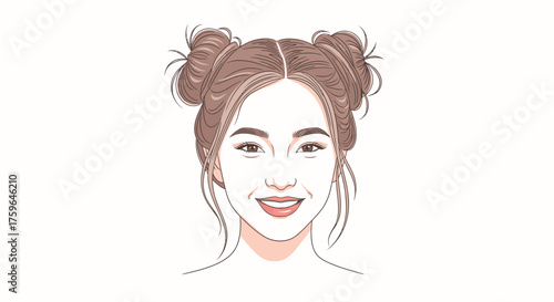 Smiling young woman with stylish space buns hairstyle radiating joy and charm, perfect for beauty blogs, fashion designs, or wellness campaigns
