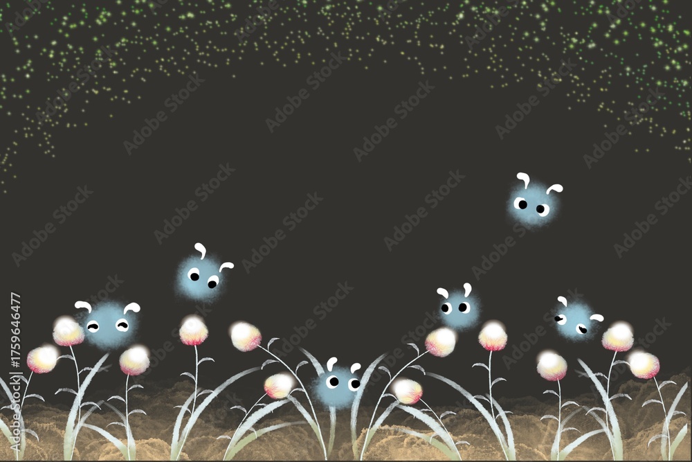 Naklejka premium Whispering Blooms – Starlit Garden（星降る花の庭）Under a sky filled with tiny stars, fairies glow softly among night flowers. A calm and dreamy fantasy scene. （星降る夜、光る妖精たちが静かな花の庭を包む幻想の世界。）