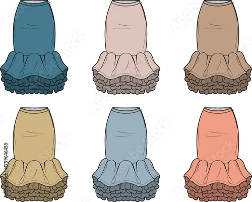 Set of colorful women's mermaid style skirts with multi-layered ruffles. Vector apparel design flat sketch template for clothing collection