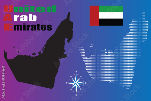 united arab emirates map vector set: silhouette, dotted, flag, and compass rose on gradient background