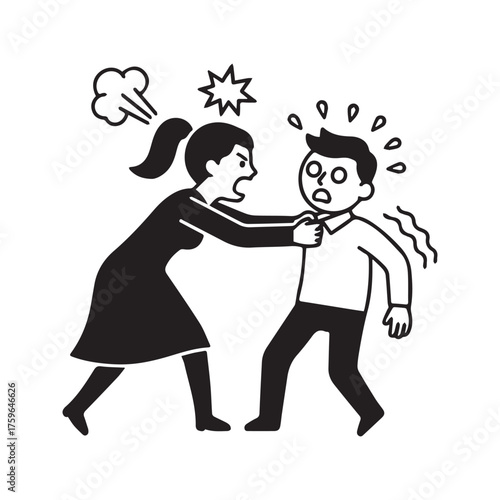 Angry Woman Grabs and Shouts at Scared Man. Stick Figure Icon Representing Domestic Violence, Conflict, and Relationship Abuse.
