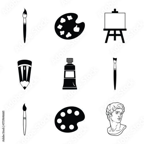 Artistic tools collection painting brushes palette easel pencil paint tube sculpture icon