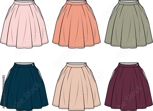Collection of Various Colored Pleated Skirts Showcasing Fashionable Apparel and Clothing Design Options