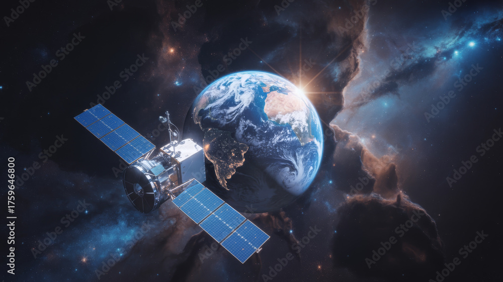 Fototapeta premium Satellite orbiting earth with nebula in the background satellite