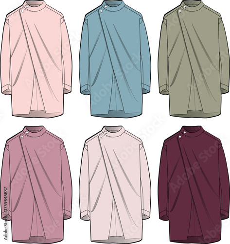 Elegant draped tunic illustration set, fashionable apparel design for modern clothing brand