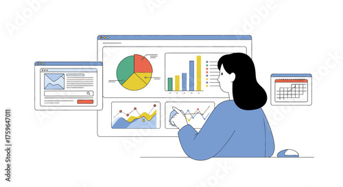 Businesswoman analyzes data charts and market trends, optimizing strategy for success, planning future growth with strategic calendar insights for increased productivity