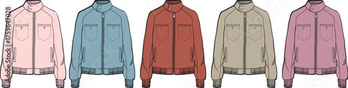 A captivating collection of five diverse bomber jackets showcasing a spectrum of contemporary colors, perfect for modern casual fashion and apparel design projects