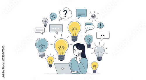 Creative woman generating innovative ideas with laptop surrounded by bright lightbulbs and thought bubbles, conceptualizing solutions, modern design