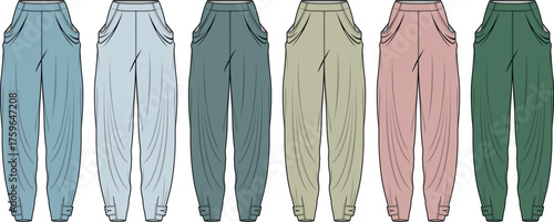 Set of colorful jogger pants fashion flat sketches. Vector technical drawing template for apparel design, clothing collection, and fashion illustration