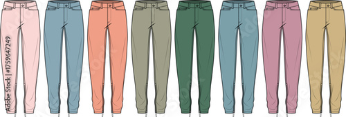A palette of colorful pants, showcasing a variety of hues from soft pink and blue to vibrant orange and deep green