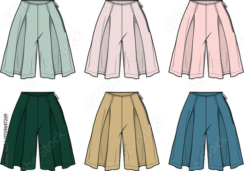 Culottes in various colors, design sketch for fashion designers