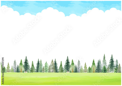 青空と森林の爽やかな背景イラスト