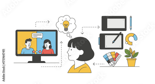 Creative designer's process unfolding with video call, lightbulb moment, tablet, color palette, and plant inspiration fueling modern design work