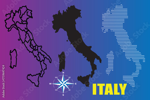 italy map vector set: outline, solid silhouette, dotted, and compass rose on gradient background