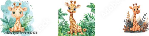 Tropical leaves and a cute baby giraffe are the subjects of a beautiful watercolor illustration