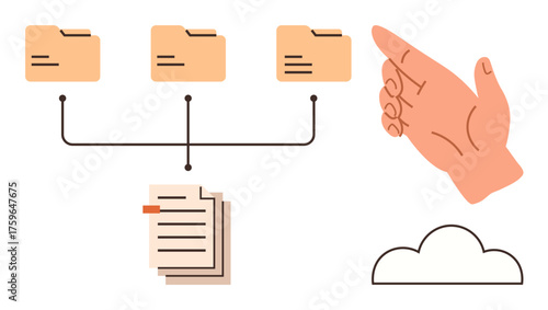 File folders connected to documents by paths, pointing gesture toward cloud symbol. Ideal for file sharing, teamwork, cloud storage, data sorting, document management, workflow, and digital systems