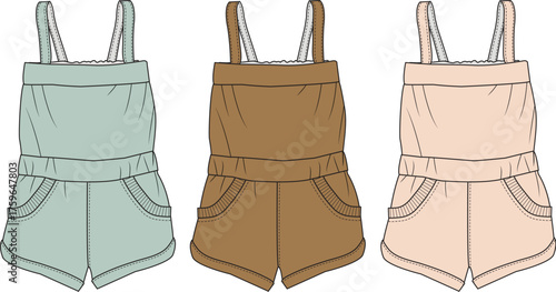 Children's Playwear Fashion Design Three Girls' Rompers in Pastel and Earthy Tones