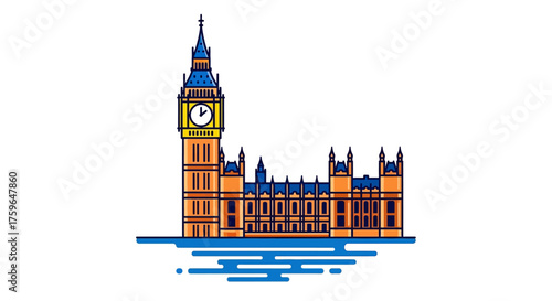 Big Ben illustration iconic London landmark on Thames tourism historical buildings famous UK travel destinations cityscapes architectural designs.