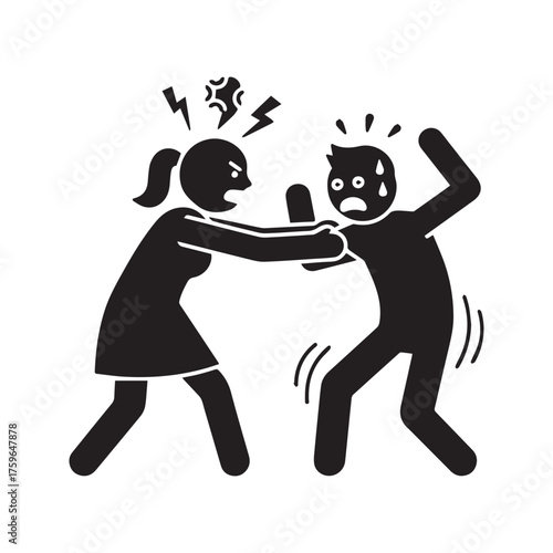 Angry Woman Grabs and Shouts at Scared Man. Stick Figure Icon Representing Domestic Violence, Conflict, and Relationship Abuse.

