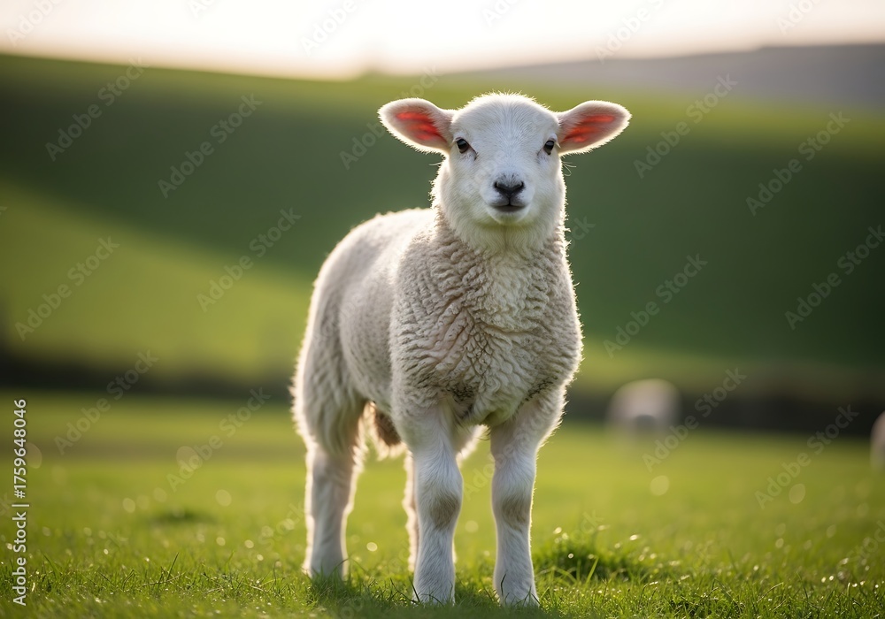 Fototapeta premium A cute young lamb stands in a vibrant green pasture under soft natural light, looking directly at the viewer.