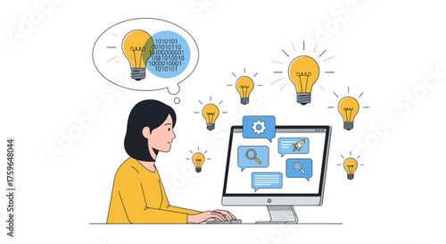 Creative woman brainstorming ideas with computer, generating innovative digital solutions with lightbulbs and binary code, modern tech startup concept