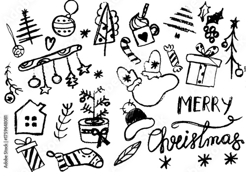 Hand-drawn Christmas doodles with "Merry Christmas" text in black and white sketch style with copy space