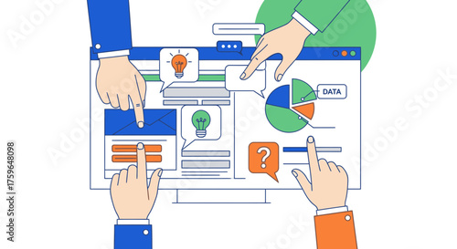 Team brainstorming ideas on interactive dashboard for data analysis and insights, driving business strategy with collaborative digital workspace tools
