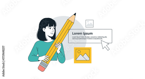 Creative woman holds giant pencil near design mockup, ideal for illustrating blog writing, graphic design, or educational content creation workflows