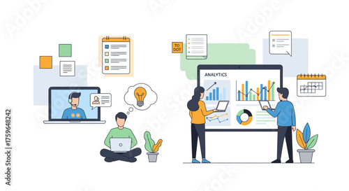 Productivity thrives with remote collaboration, data analysis, and creative brainstorming, fostering teamwork and insights, all in a modern, digital workspace