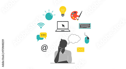 Creative thinking for digital solutions, innovative ideas, and online communication, perfect for marketing, brainstorming sessions, and business projects