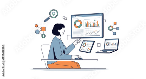 Professional woman analyzing business data, charts, and graphs on multiple devices, driving insights for strategic decisions, perfect for modern business presentation