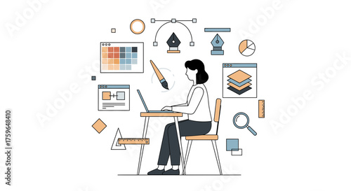 Creative designer working on laptop with graphic elements, crafting visual designs, modern workspace, digital artist focused on her craft, illustration