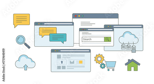 Modern internet solutions for business including cloud computing, search optimization, home office, ecommerce, and communication, originally a scalable vector graphic
