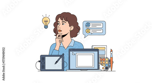 Creative woman graphic designer with laptop, digital tablet, and paint pondering ideas, perfect for illustrating innovative design solutions and artistry