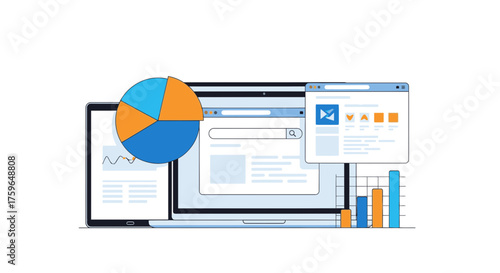 Dynamic data analysis on modern devices, track market trends with a bar graph and pie chart for business strategy and marketing insights