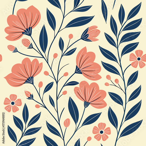 Delicate coral flowers and dark blue leaves on a cream background