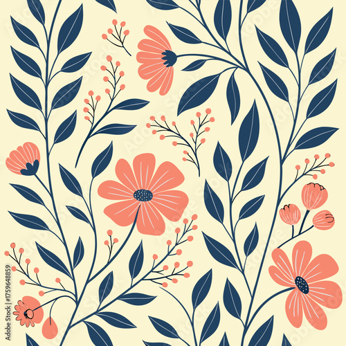 Delicate coral flowers and navy blue leaves on a cream background