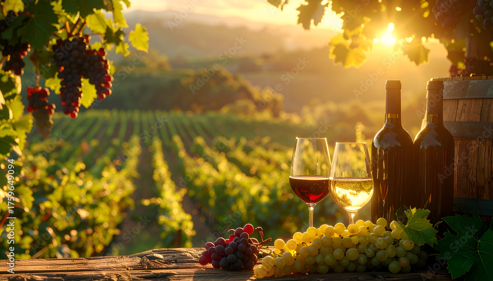 Fototapeta premium Scenic winery background with wine, grapes, and barrel in golden sunlight over lush vineyard fields.