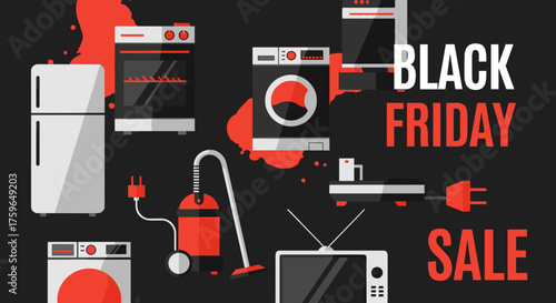 Black Friday Sale poster with household appliances refrigerator oven washer vacuum and TV