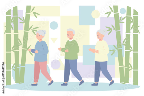 Elderly people exercising outdoors promoting an active healthy senior lifestyle and wellbeing