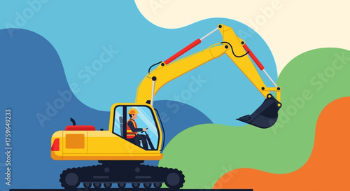 Professional operator in an excavator Construction industry and development Heavy machinery at work