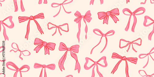 Seamless pattern with hand-drawn pink bows in cute doodle style. Background in flirty style for wrapping paper, textile print or holiday decor, vector illustration.