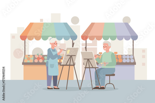 Elderly couple happily painting outdoors at a market enjoying a creative hobby and leisure time