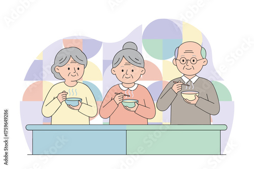 Three smiling seniors eating warm soup together symbolizing friendship healthy lifestyle and community