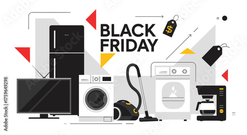 Black Friday sales concept featuring major home appliances and electronics promotion illustration
