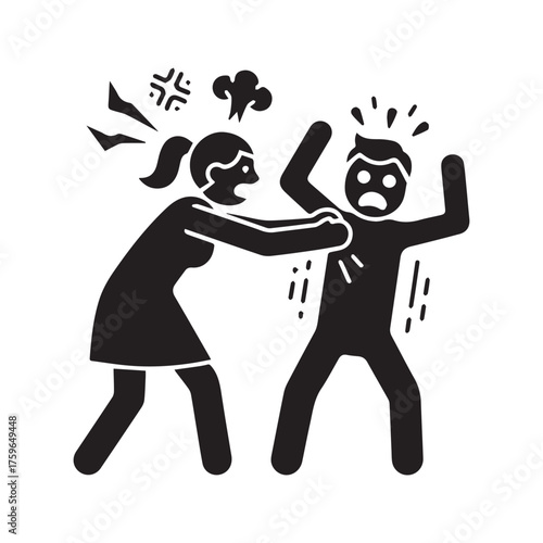 Angry Woman Grabs and Shouts at Scared Man. Stick Figure Icon Representing Domestic Violence, Conflict, and Relationship Abuse.
