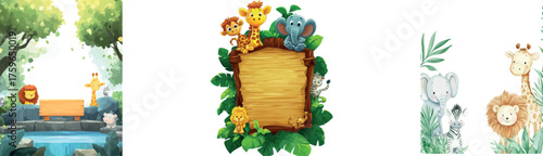 Watercolor illustration of safari animals in a wooden frame setting
