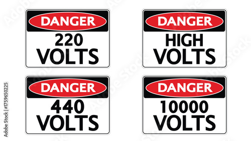 Danger sign and stickers of high voltage of 220, 440, 1000 voltage
